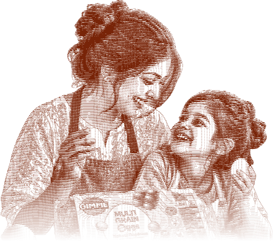 Etched drawing of a mother and daughter laughing over a tray of eggs