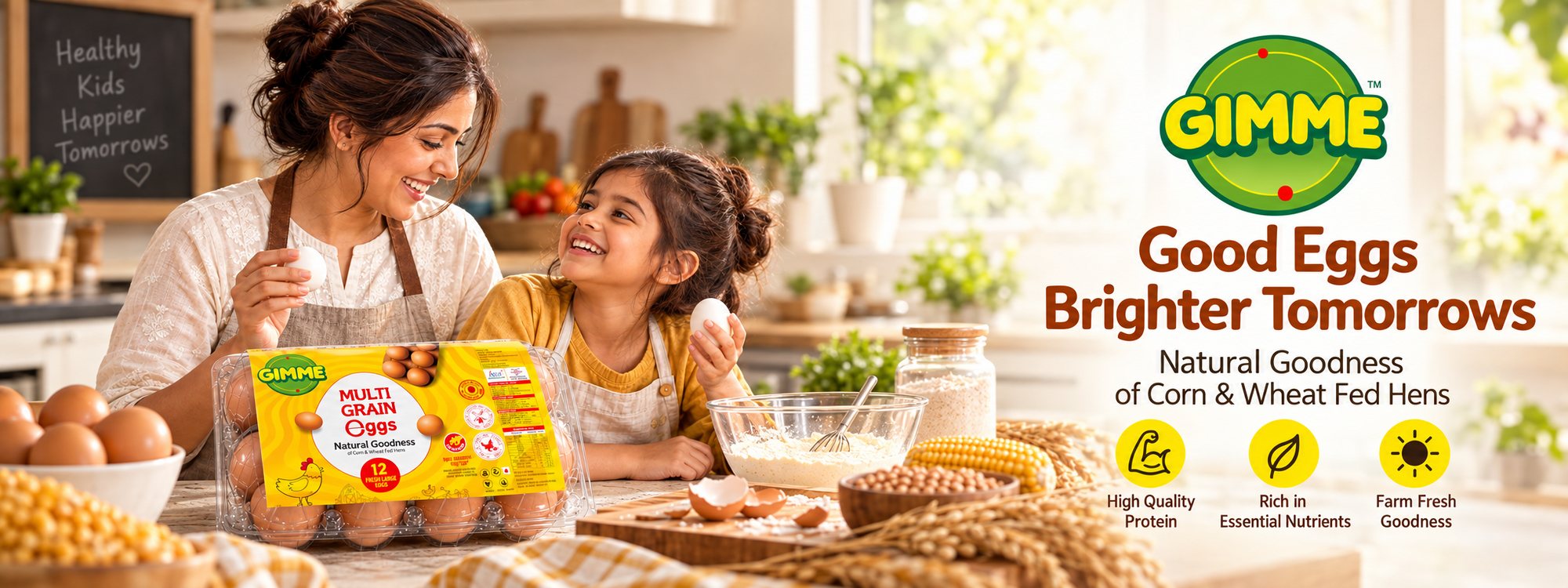 Good Eggs, Brighter Tomorrows. A mother and daughter laugh over a Gimme Multigrain tray. High quality protein, rich in essential nutrients, farm fresh goodness.