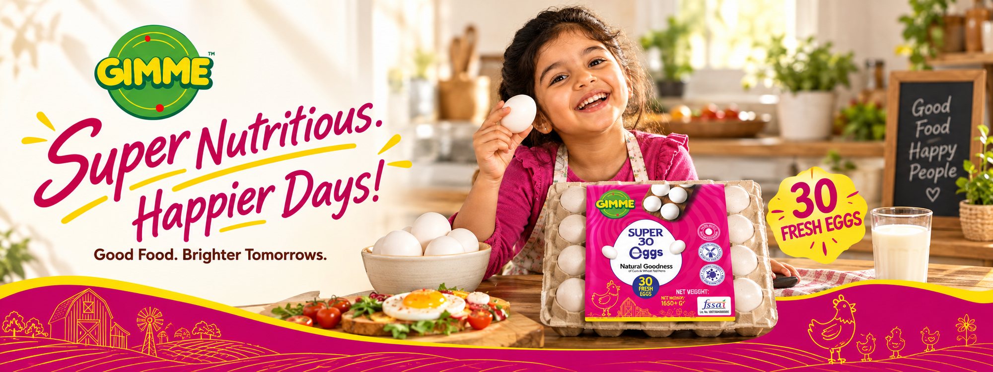 Super Nutritious. Happier Days! A smiling girl holds an egg beside a Gimme Super 30 tray of 30 fresh eggs.